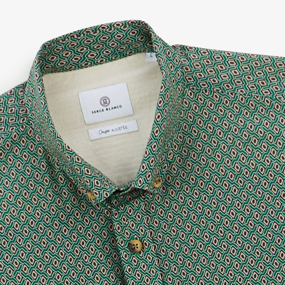 Olive green long-sleeved shirt with geometric print