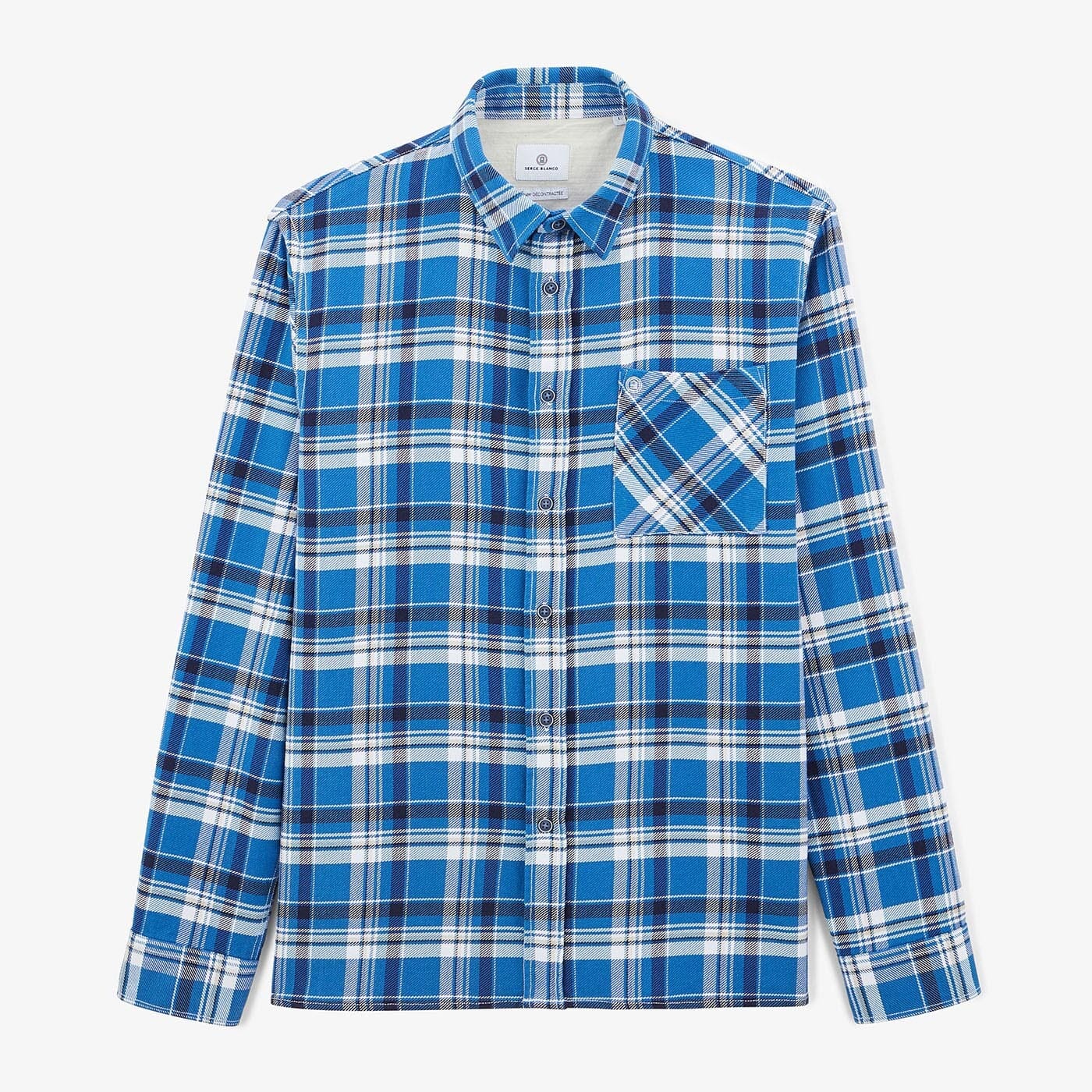 Ocean blue long-sleeved cotton plaid shirt