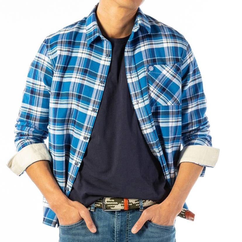 Ocean blue long-sleeved cotton plaid shirt