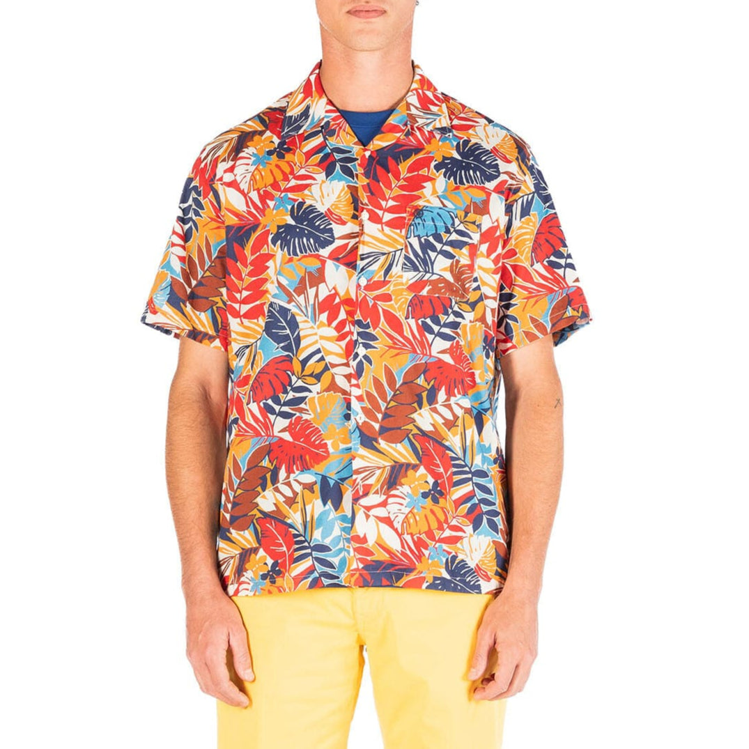 Short-sleeved apricot bowling shirt with fancy print