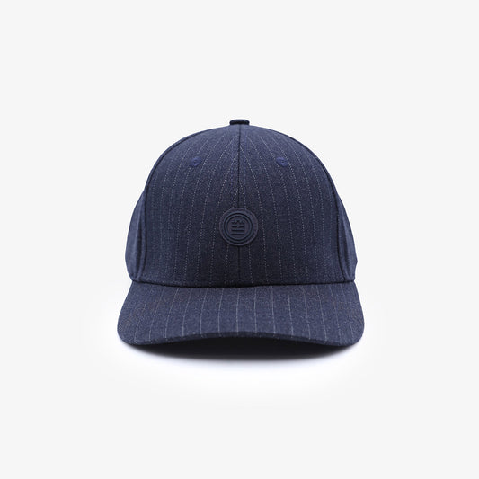 Navy blue wool baseball cap with stripes