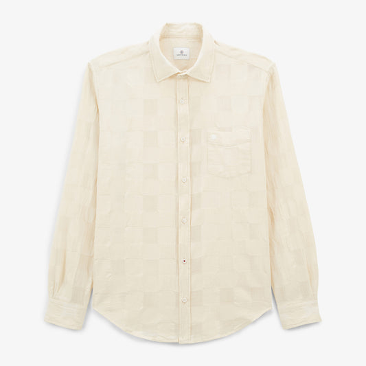 Charles Men's Ivory White Jacquard Check Long-Sleeved Shirt SERGE BLANCO