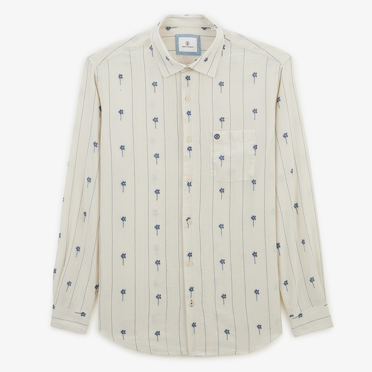 White long-sleeved cotton jacquard shirt with embroidered flowers MEN SERGE BLANCO