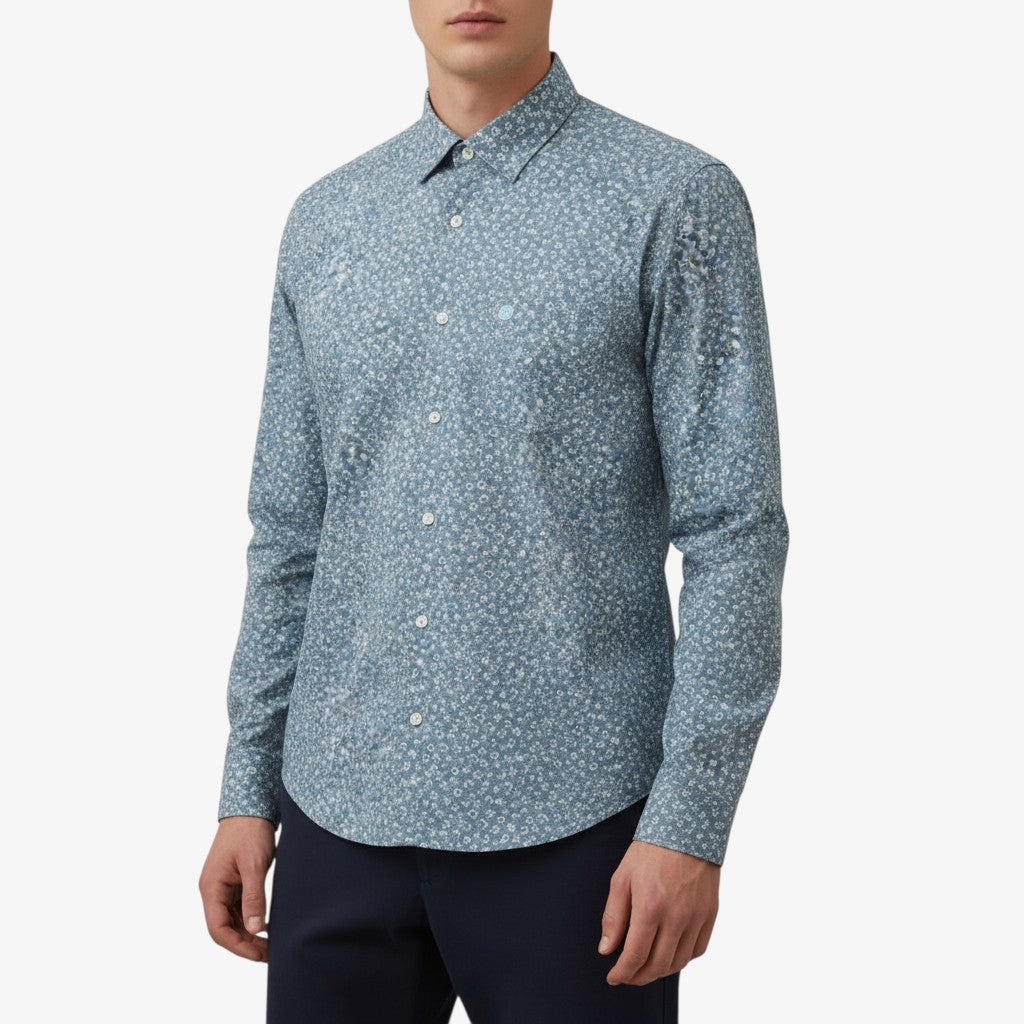 Charles Men's Blue Floral Print Cotton Long Sleeve Shirt with Chest Pocket SERGE BLANCO