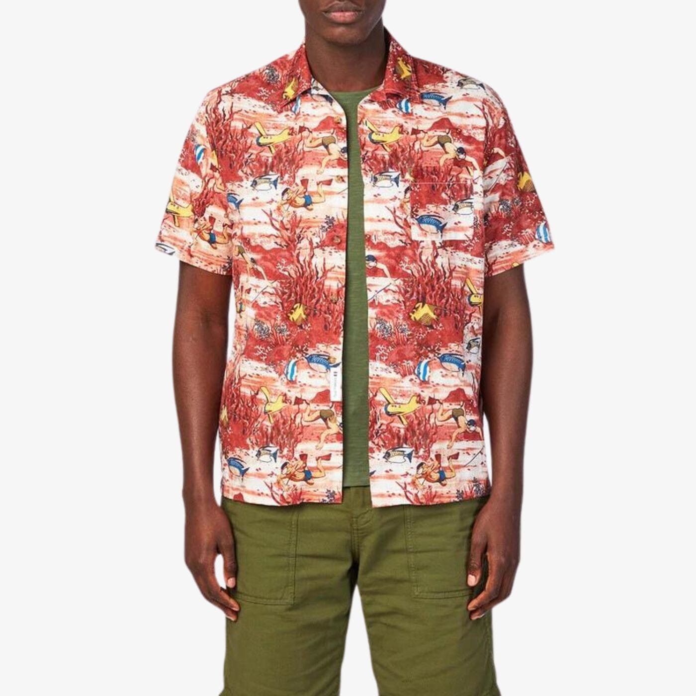 Men's short-sleeved brick print shirt in white serge