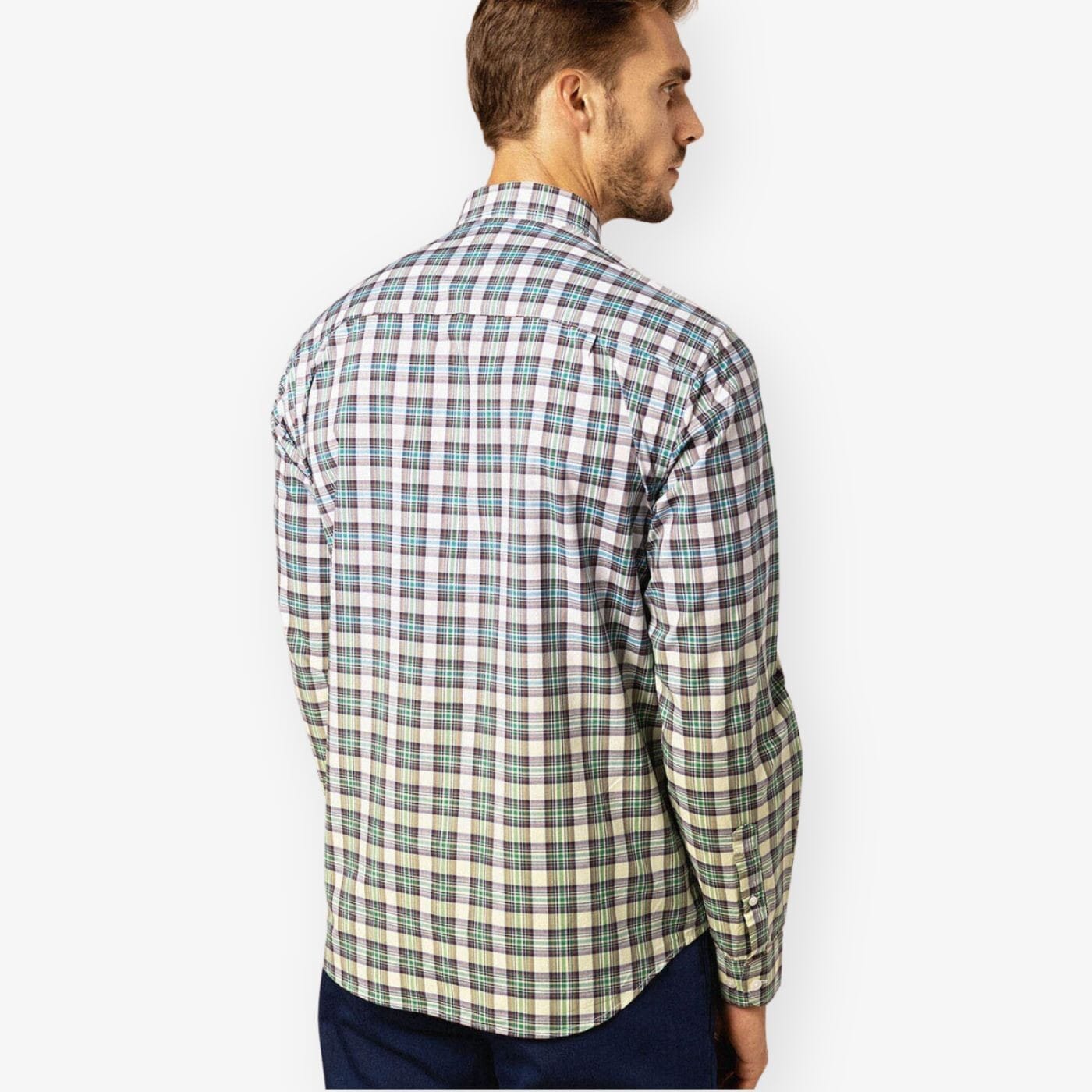 Men's long-sleeved checked cotton shirt in green gradient serge blanco