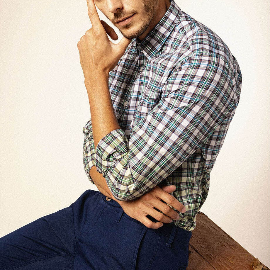 Men's long-sleeved checked cotton shirt in green gradient serge blanco