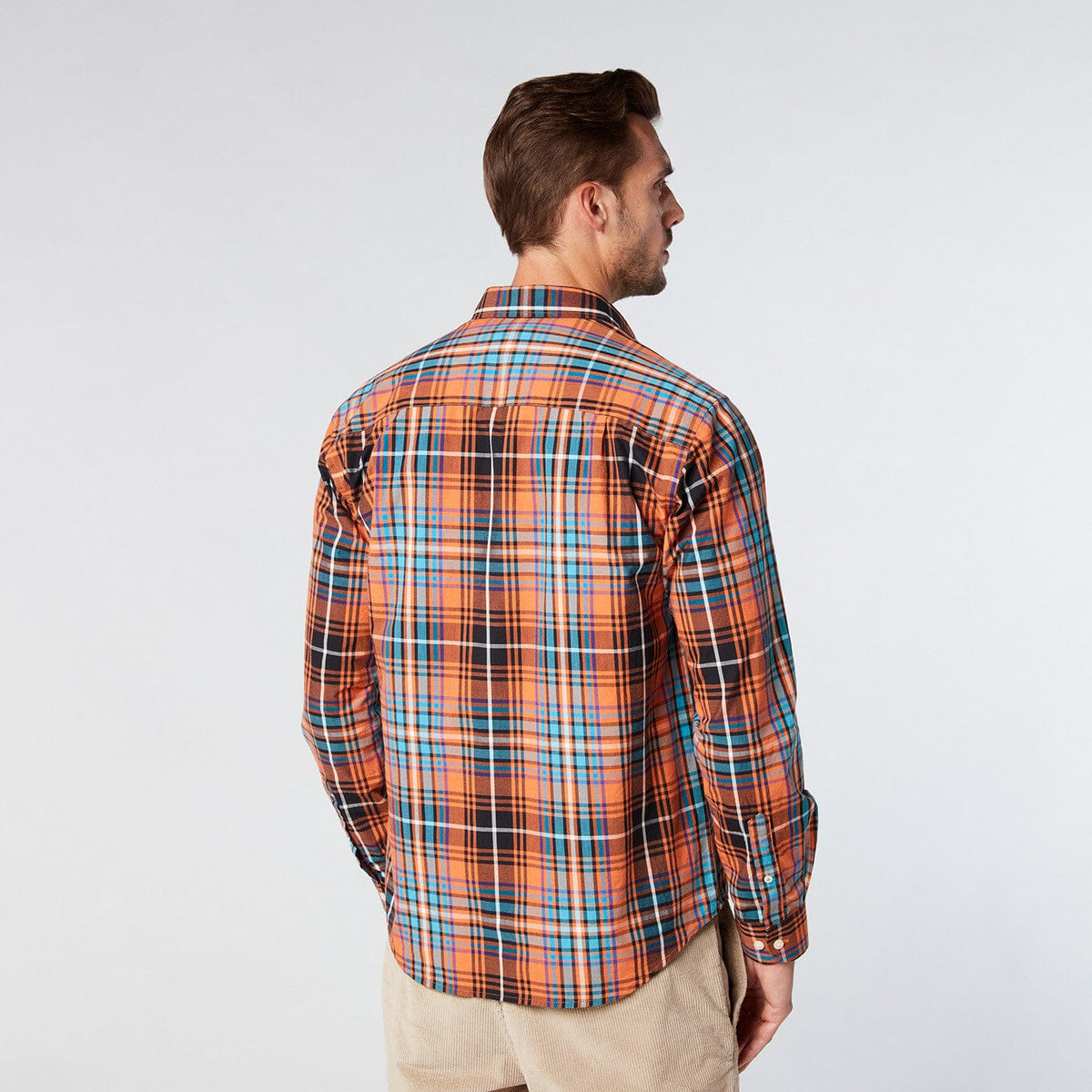 Men's brick orange checkered long-sleeved cotton shirt in serge blanco