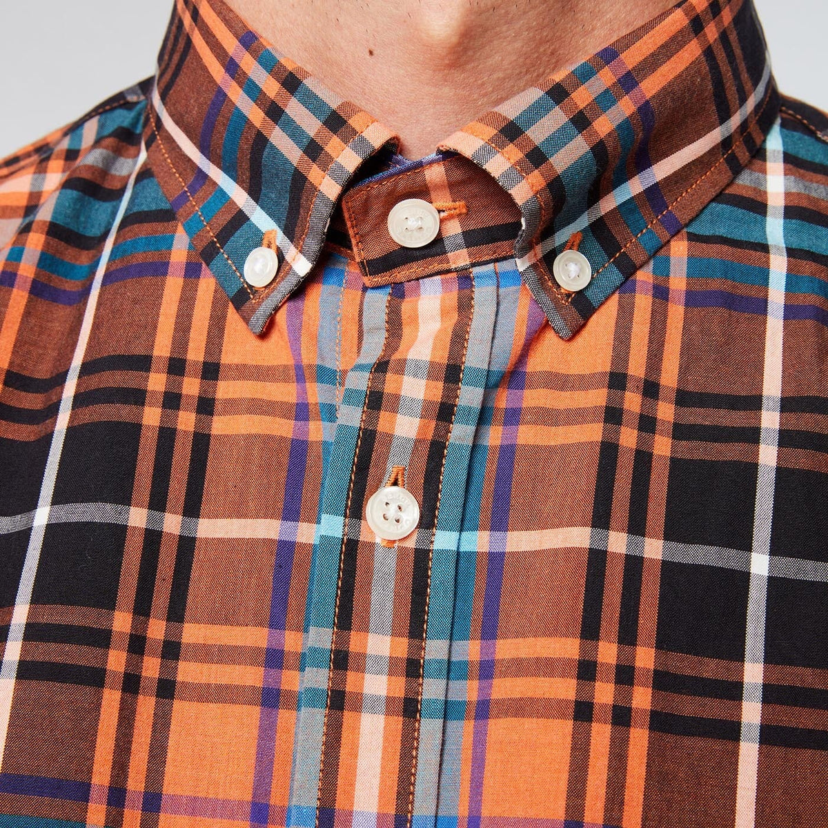 Men's brick orange checkered long-sleeved cotton shirt in serge blanco