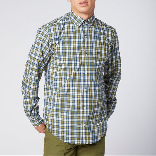 Men's slim-fit green and blue checked cotton shirt in serge blanco