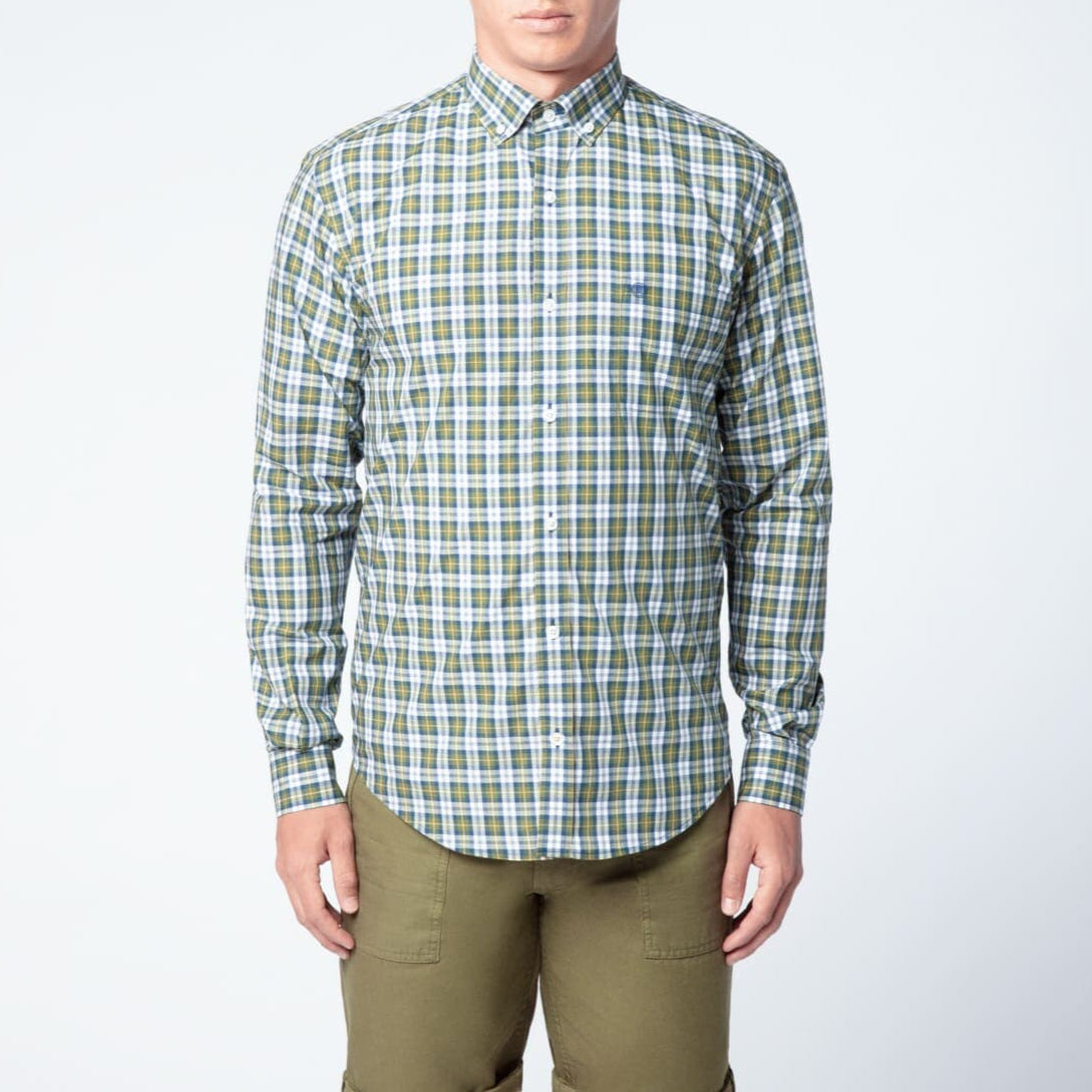 Men's slim-fit green and blue checked cotton shirt in serge blanco