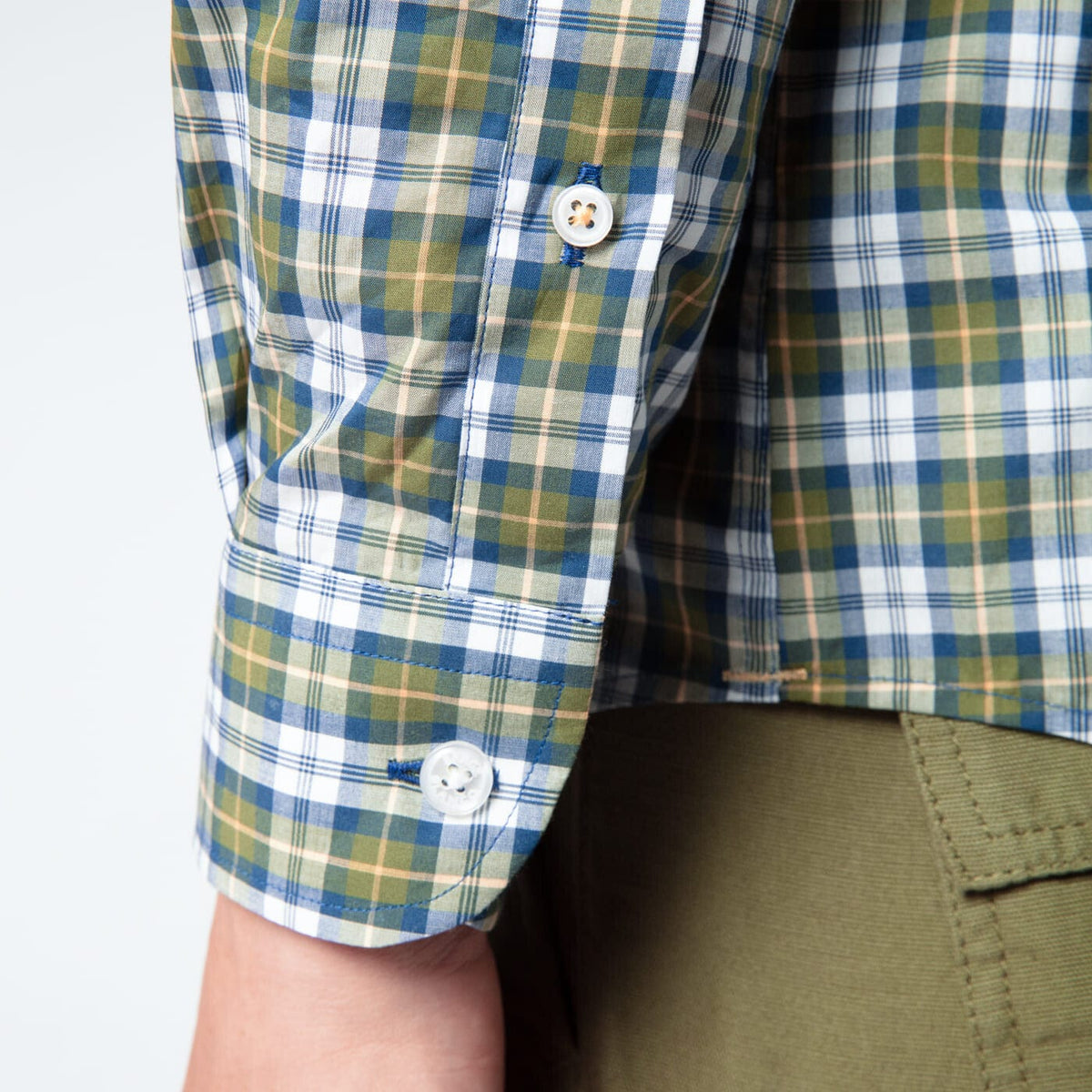 Men's slim-fit green and blue checked cotton shirt in serge blanco