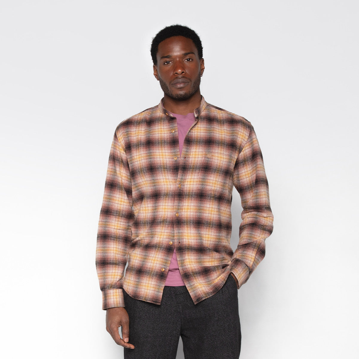 Charles Men's SERGE BLANCO long-sleeved cotton shirt with Mao collar and copper check pattern