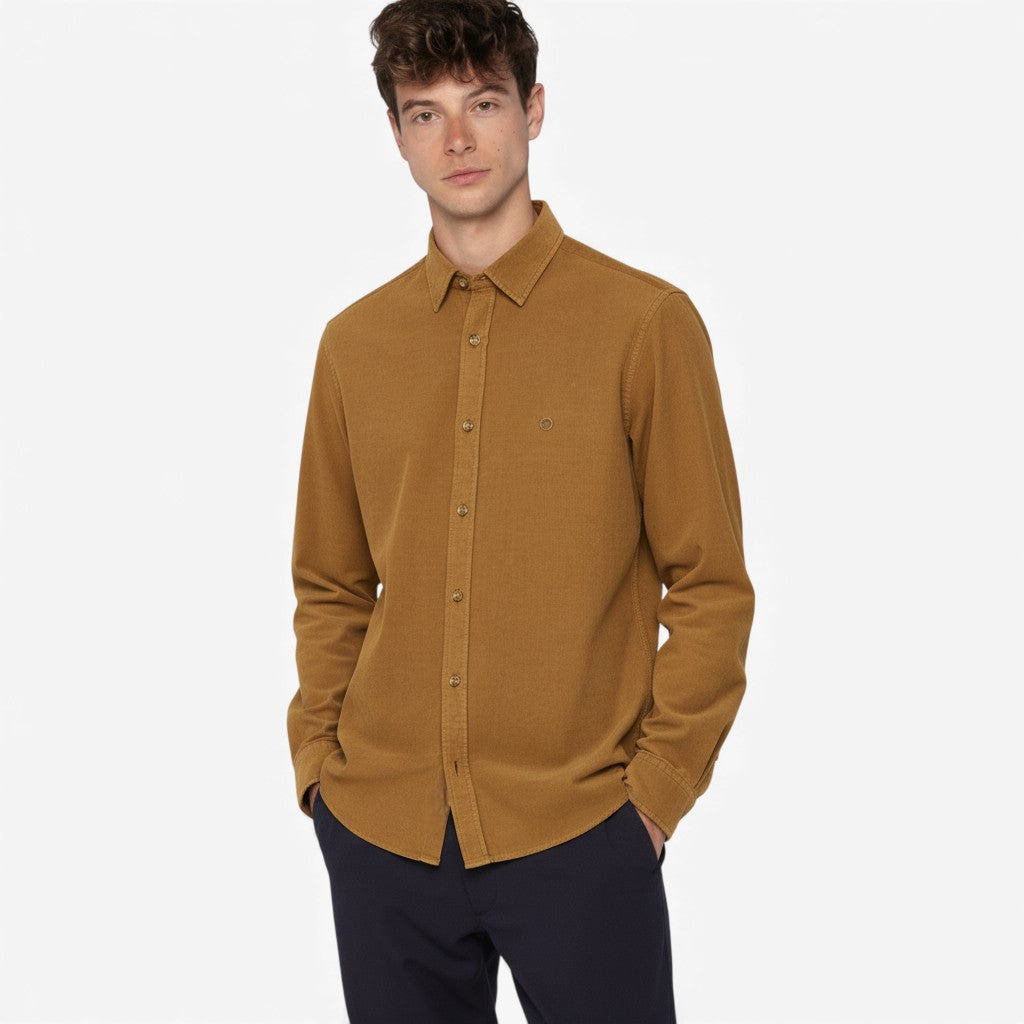 Charles Men's Hazelnut Brown Velvet Cotton Long-Sleeved Shirt SERGE BLANCO