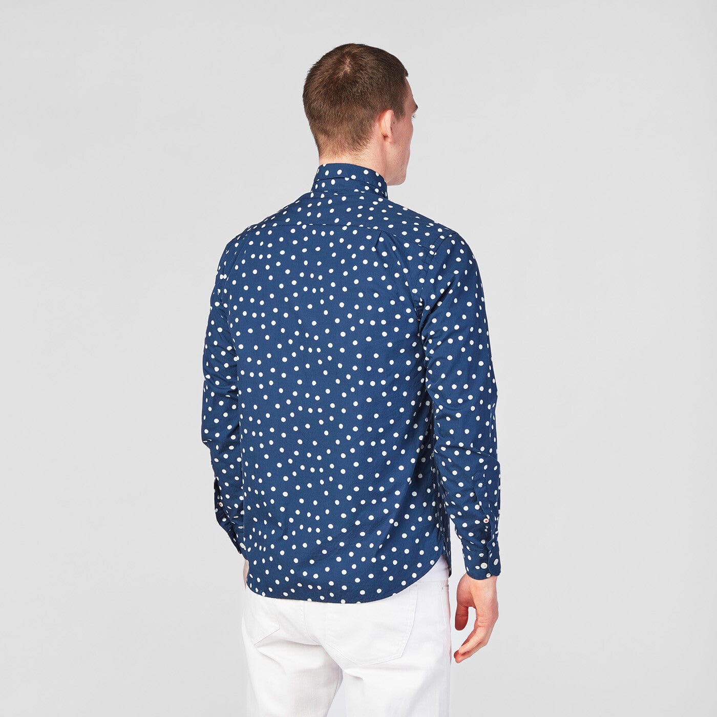 Men's dark blue polka dot long-sleeved cotton shirt in serge blanco