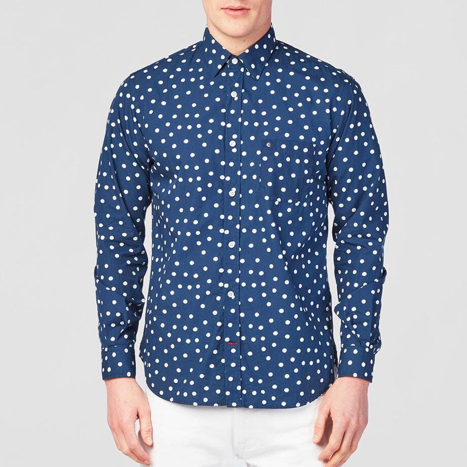 Men's dark blue polka dot long-sleeved cotton shirt in serge blanco