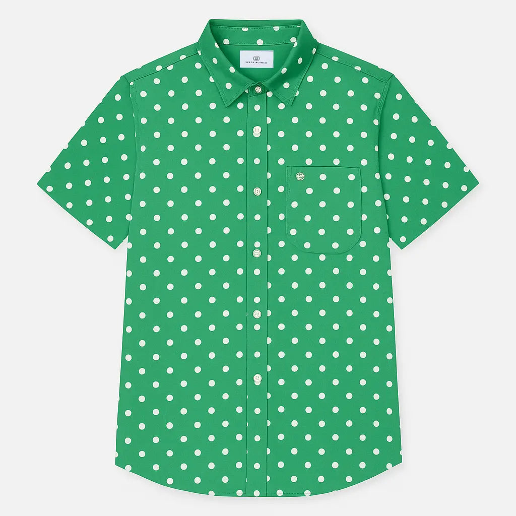 Short-sleeved grass green polka dot cotton shirt