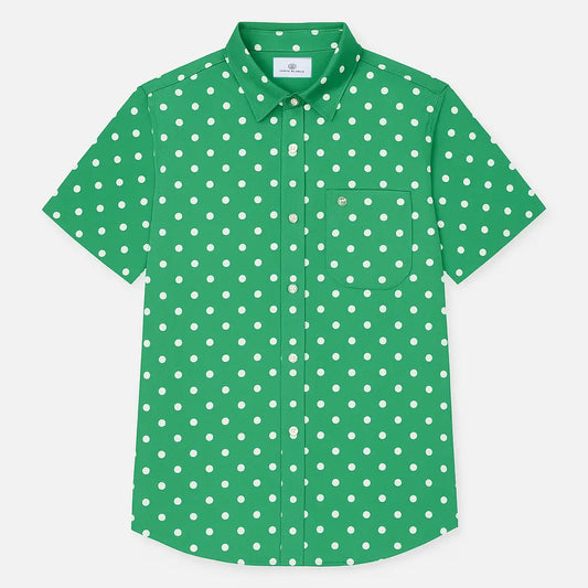 Short-sleeved grass green polka dot cotton shirt
