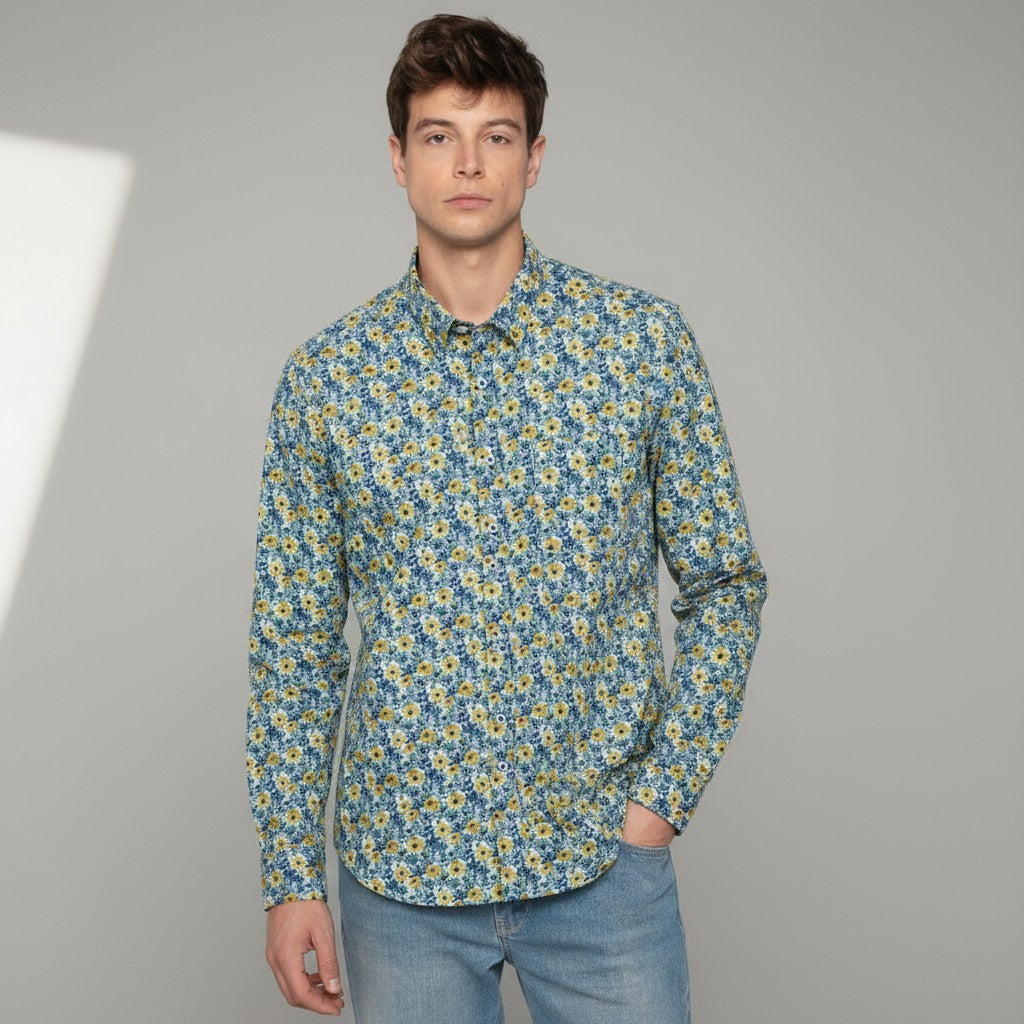 Men's regular blue aviator shirt with cornflower print, serge blanco