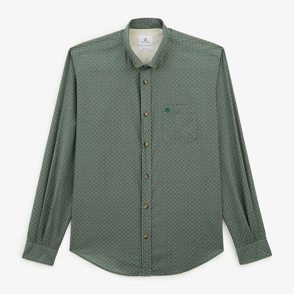 Olive green long-sleeved shirt with geometric print