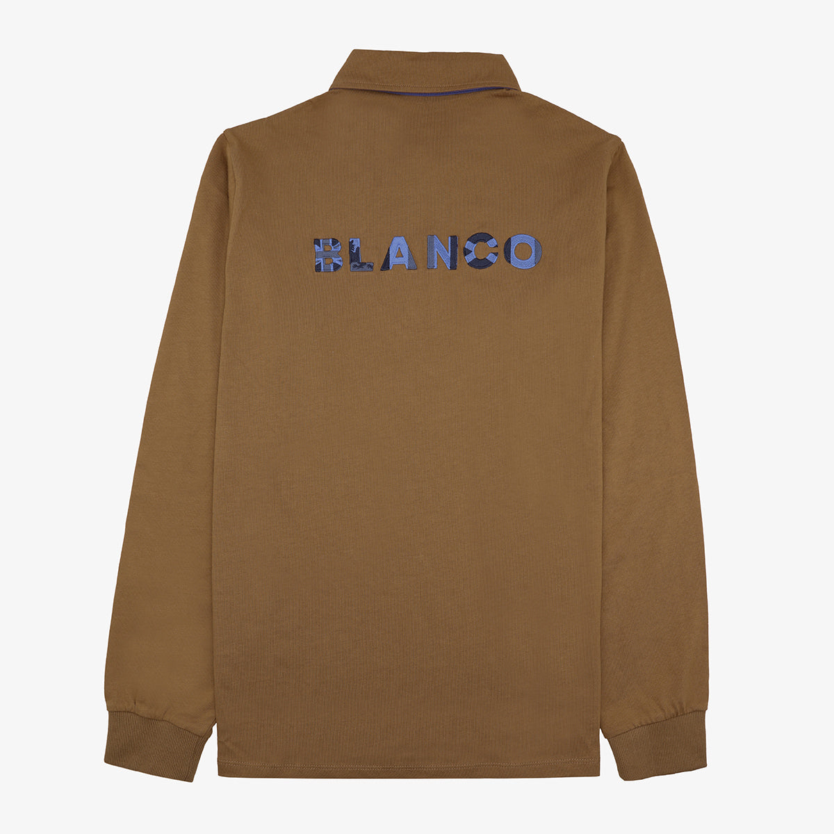 Men's long-sleeved rugby shirt with embroidered back in fawn by SERGE BLANCO
