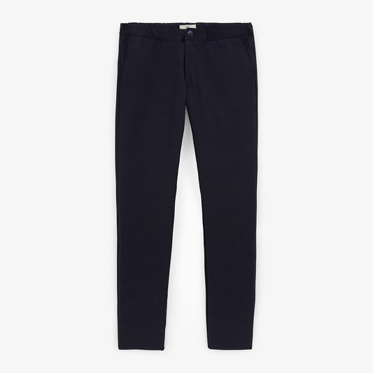 Dark blue stretch pants with elastic waistband