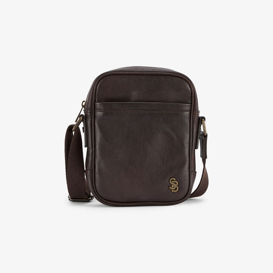 Small brown leather shoulder bag with metal logo for men by SERGE BLANCO