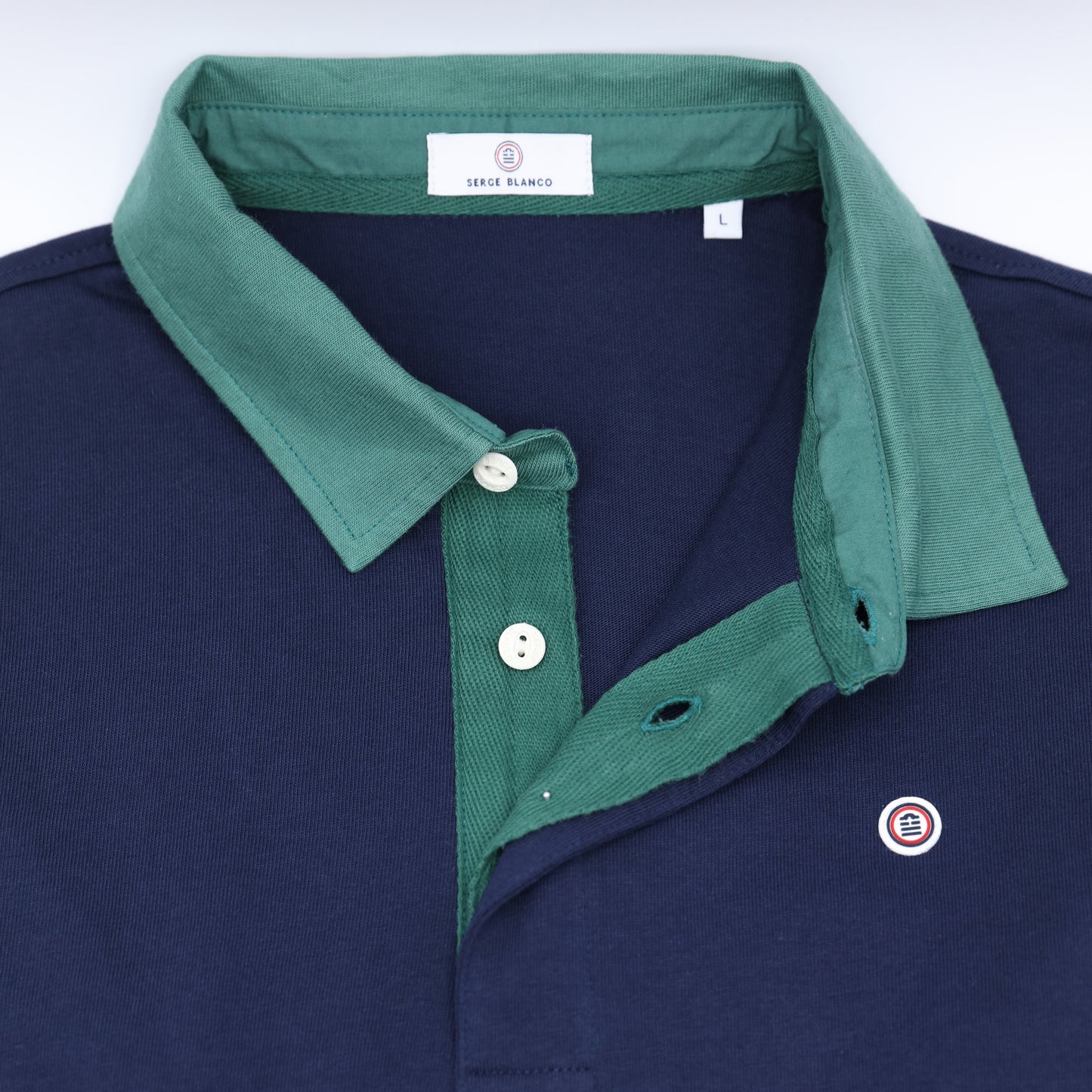 Livio men's navy cotton long-sleeved polo shirt in blanco serge