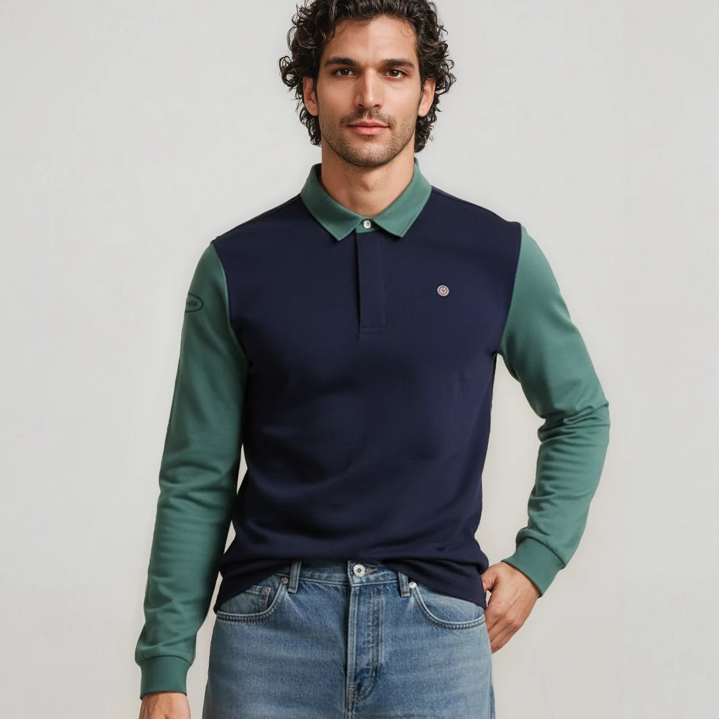 Livio men's navy cotton long-sleeved polo shirt in blanco serge