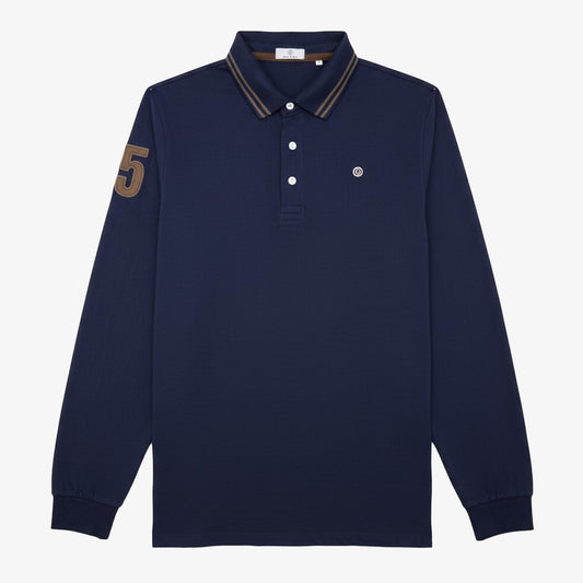 Men's navy blue long-sleeved cotton polo shirt by Lounes, serge blanco