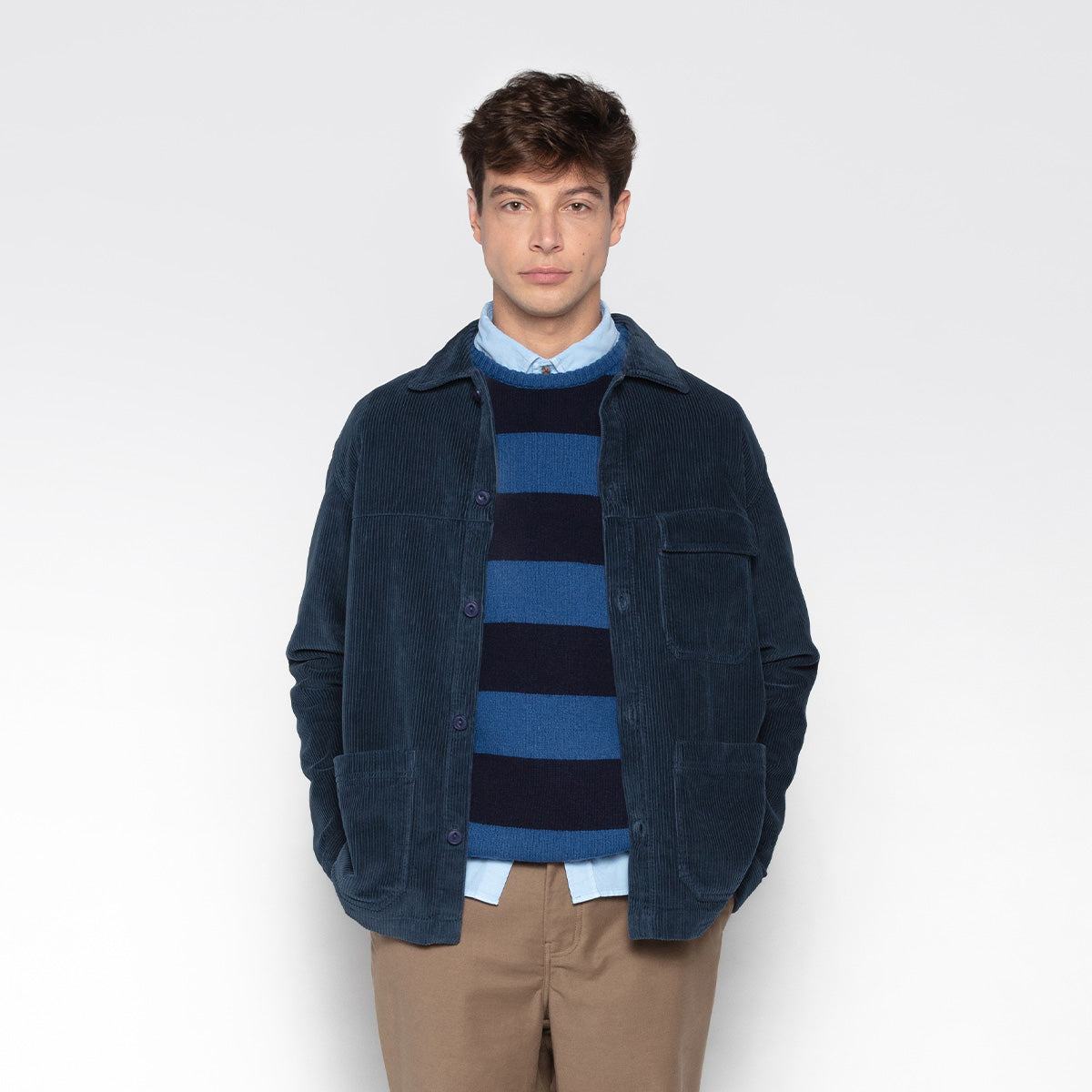 Dark Navy Blue Striped Round Neck Wool Sweater for Men by SERGE BLANCO