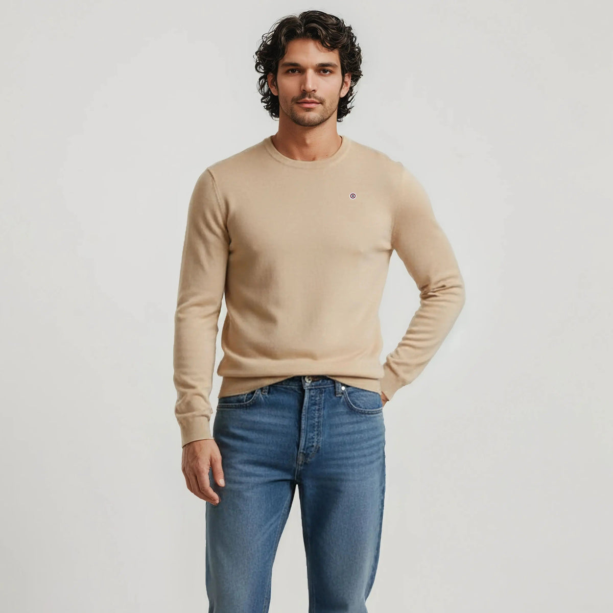 Plain round-neck sweater, mostly cotton, beige SERGE BLANCO 
