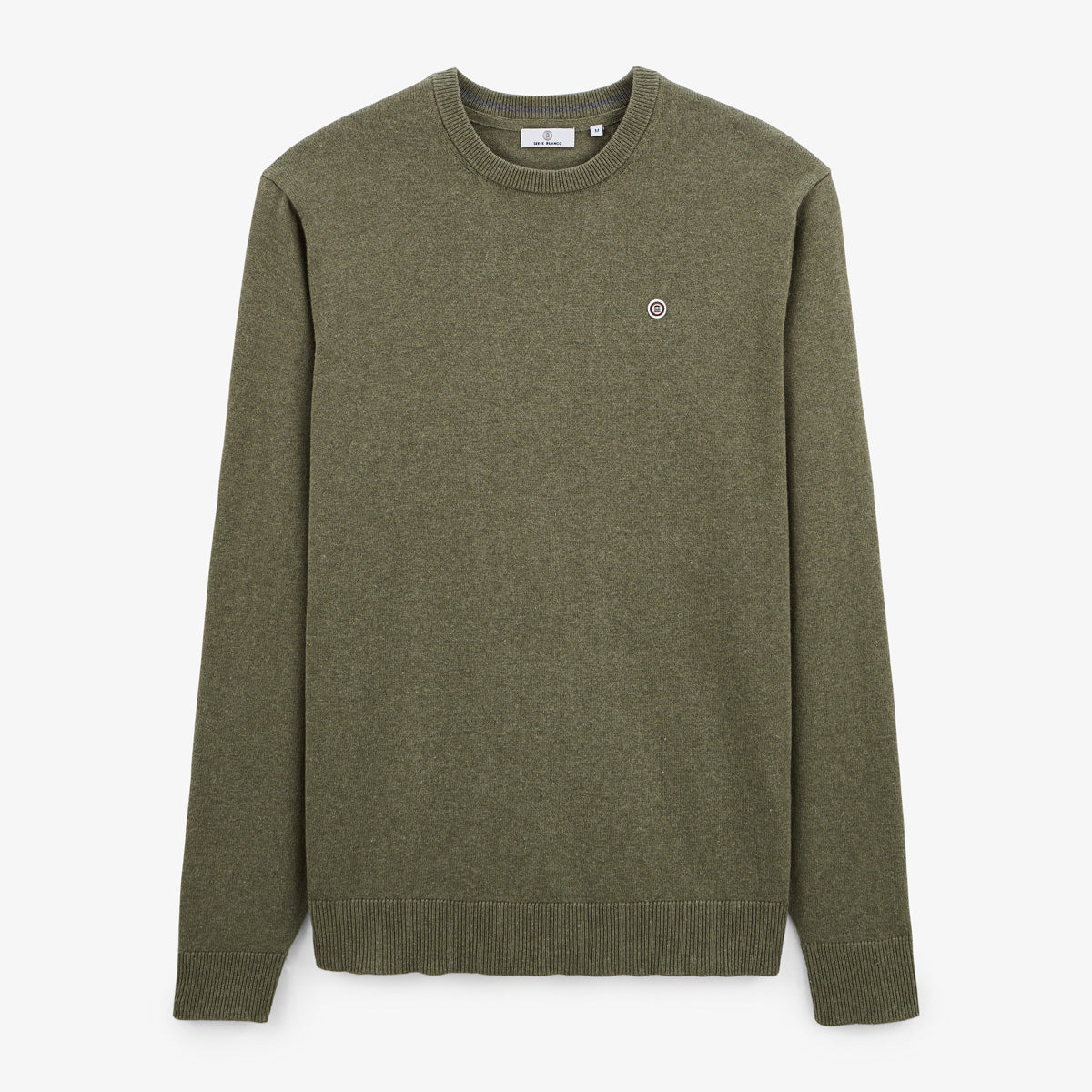 SERGE BLANCO khaki green plain round neck sweater, mostly cotton