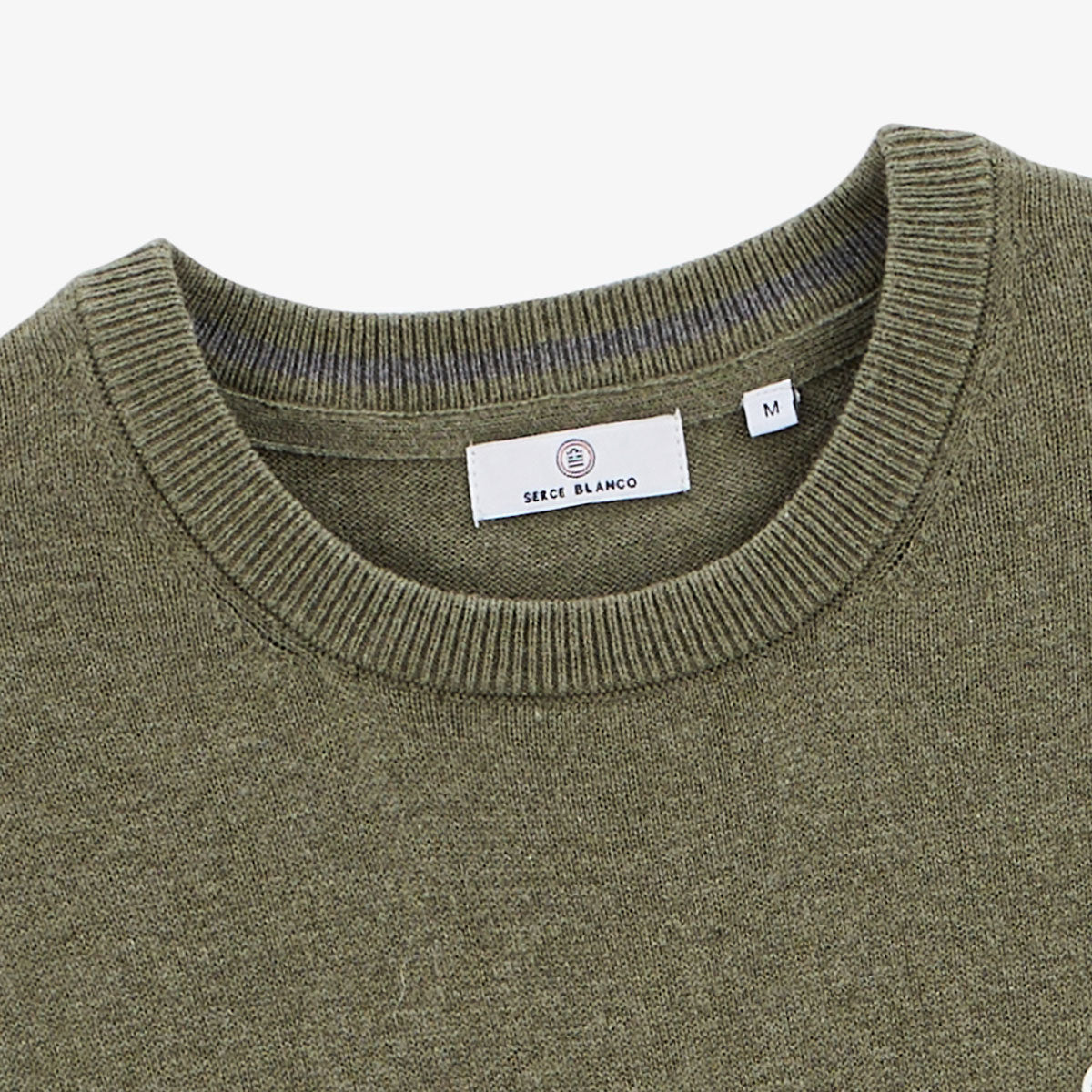SERGE BLANCO khaki green plain round neck sweater, mostly cotton