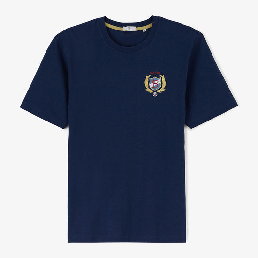 SERGE BLANCO men's navy blue embroidered short-sleeved cotton T-shirt