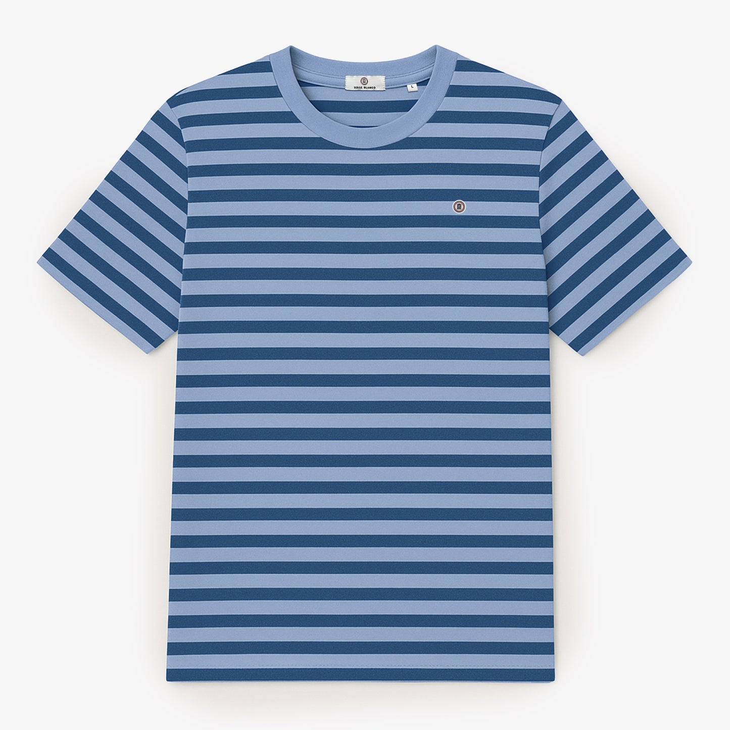 Men's short-sleeved cotton T-shirt with blue stripes, serge blanco