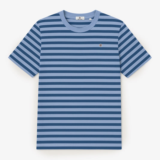 Men's short-sleeved cotton T-shirt with blue stripes, serge blanco