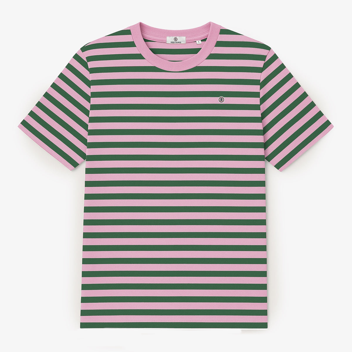 Men's short-sleeved cotton T-shirt with pine green stripes, serge blanco