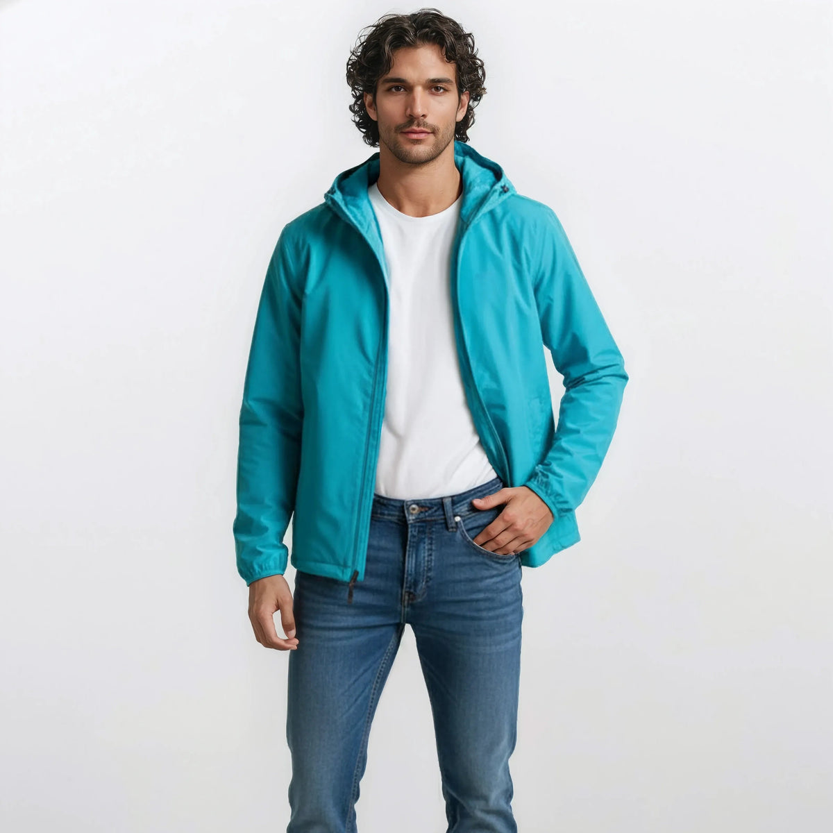 Doron turquoise water-repellent jacket for men in blanco serge