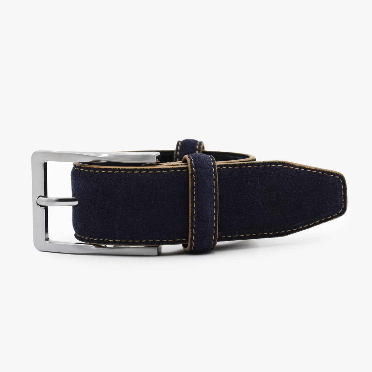 Men's navy blue nubuck leather belt with contrasting topstitching, serge blanco