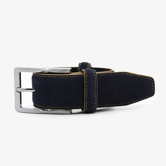Men's navy blue nubuck leather belt with contrasting topstitching, serge blanco