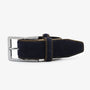 Men's navy blue nubuck leather belt with contrasting topstitching, serge blanco