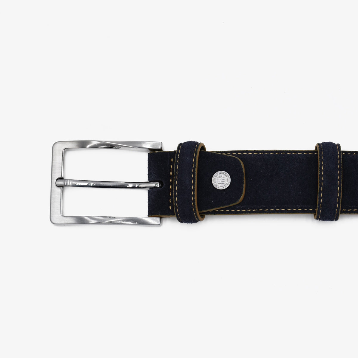 Men's navy blue nubuck leather belt with contrasting topstitching, serge blanco