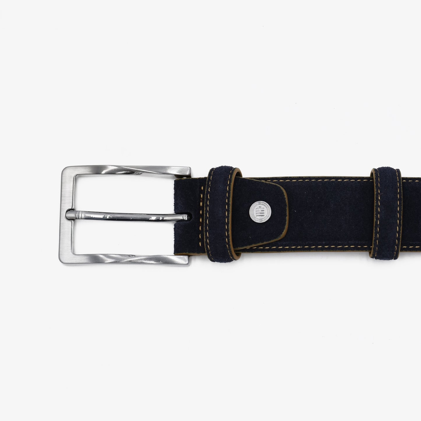 Men's navy blue nubuck leather belt with contrasting topstitching, serge blanco