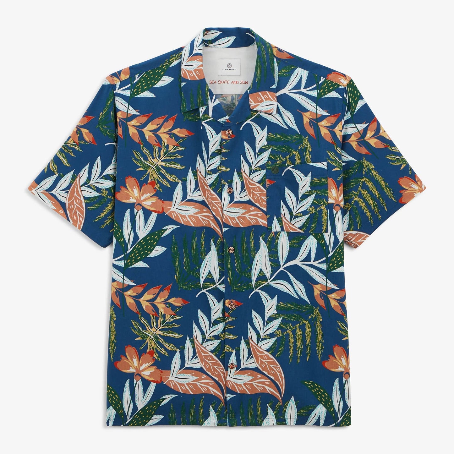 Caracas shirt with blue leaf print and chest pocket for men by Serge Blanco