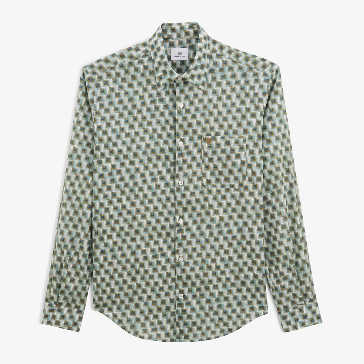 Charles Long-Sleeved Cotton Shirt in Almond with Square Patterns for Men SERGE BLANCO