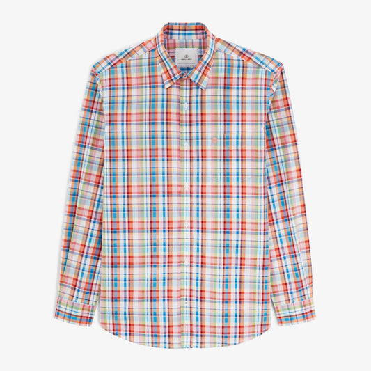 Clark Men's Long-Sleeved Cotton Shirt in Coral Check SERGE BLANCO