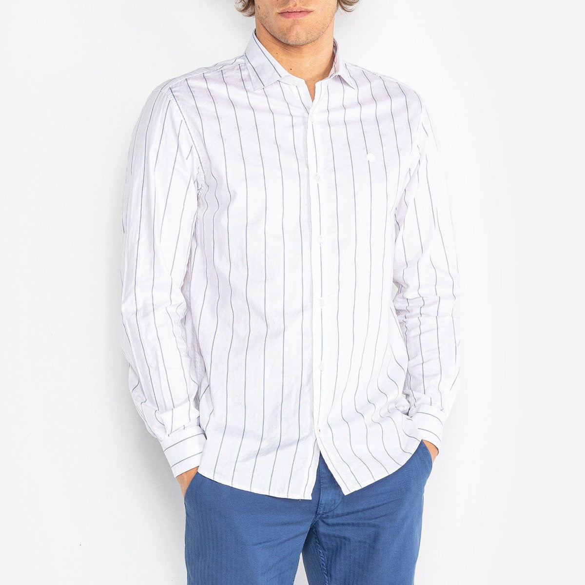 Men's White Long-Sleeved Cotton Shirt with Stripes SERGE BLANCO