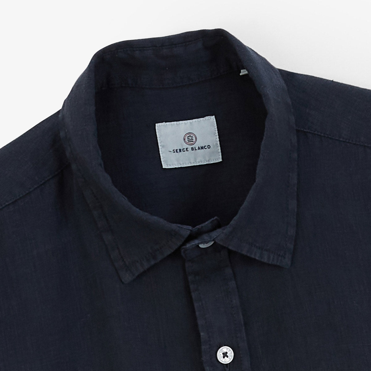 Men's Navy Blue Plain Short-Sleeved Linen Shirt with Chest Pocket SERGE BLANCO