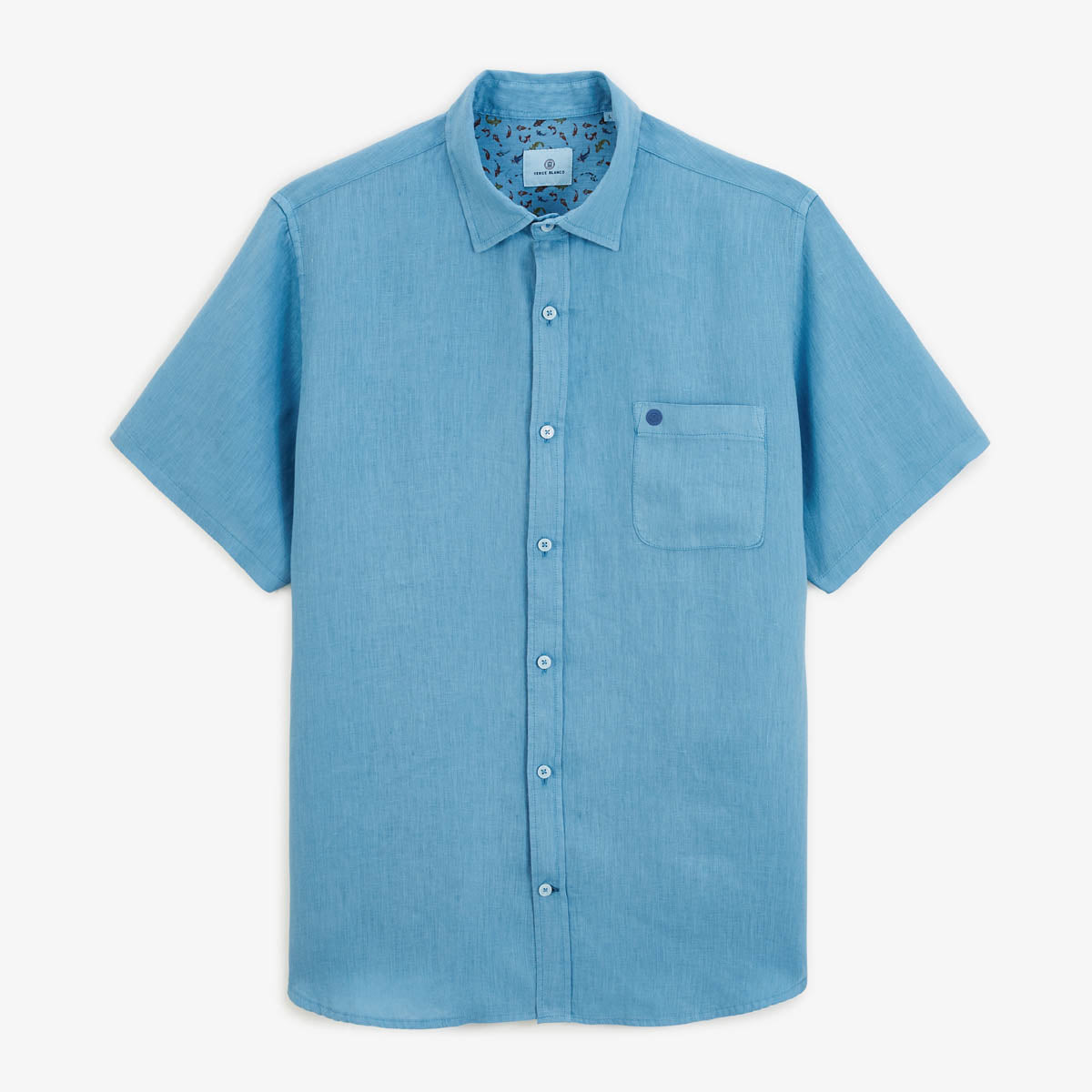 Men's Ocean Blue Solid Short Sleeve Linen Shirt with Chest Pocket SERGE BLANCO